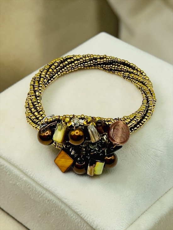 Handmade Jewelry - Indigenous Beaded wrap Bracelet Gold, Cream, & Brown Stone Gold Beaded